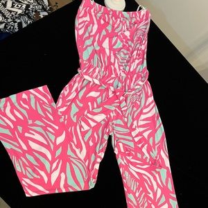 Lilly Pulitzer Tia Capri Pink Papaya Playa Jersey Strapless Belted Jumpsuit S